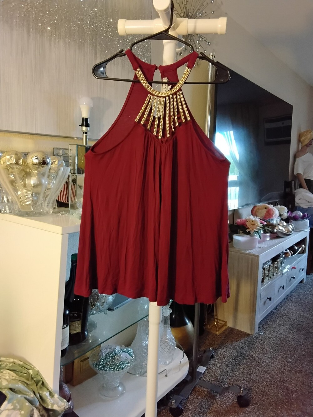 Crave Fame Burgundy Halter Camisole with Gold Beaded Neckline
